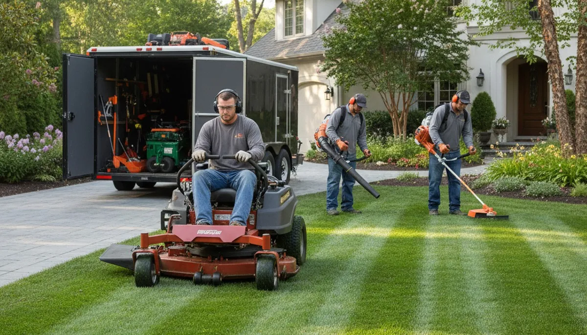 Indianapolis, IN tree service crew trimming trees for residential lawn care and seasonal property maintenance