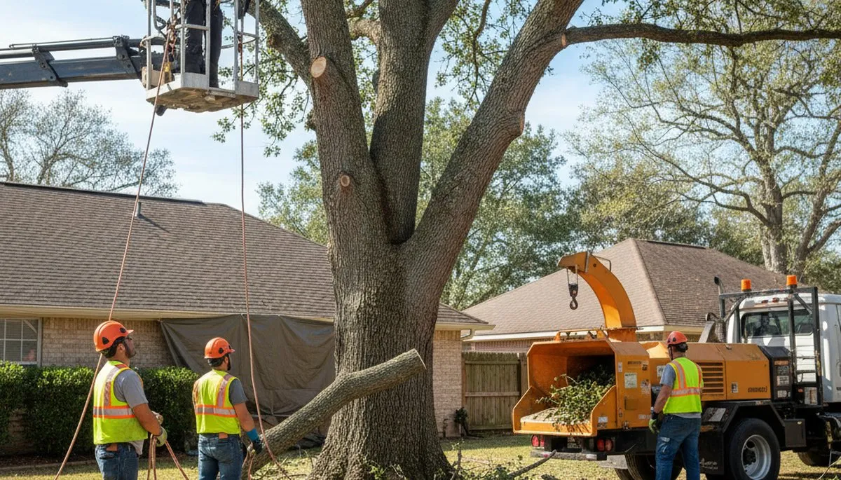 Indianapolis tree removal crew safely removing a hazardous tree for local property owners
