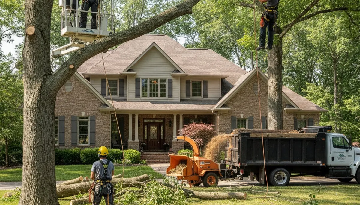 Tree trimming service team in Indianapolis, IN providing professional tree care for residential properties